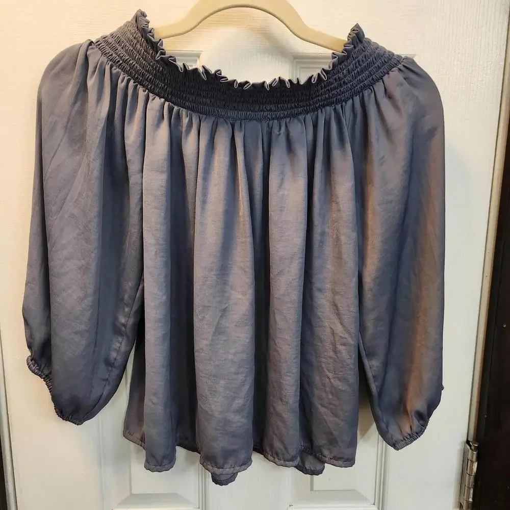 American Eagle Smocked Off-The-Shoulder Satin Top - Dusty Blue- Size Small - Picture 5 of 8